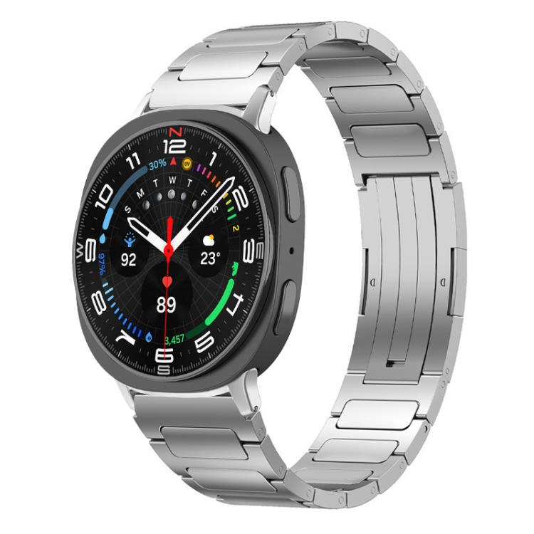 Silver stainless steel watch band with linked bracelet, shown on a Galaxy Watch