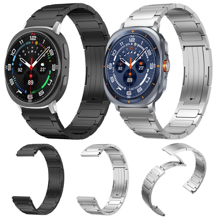 Black and silver stainless steel watch bands with linked bracelets, shown on two watches