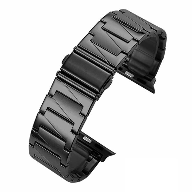 Black stainless steel Apple Watch band with stepped links and folding clasp