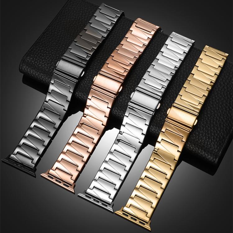 Stepped-link stainless steel Apple Watch bands in black, rose gold, silver, and gold