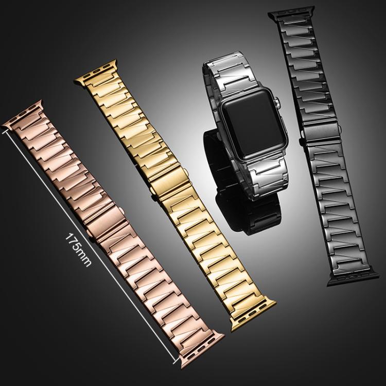 xDfind stepped watch bands in rose gold, gold, silver, and black, with one fitted to a watch