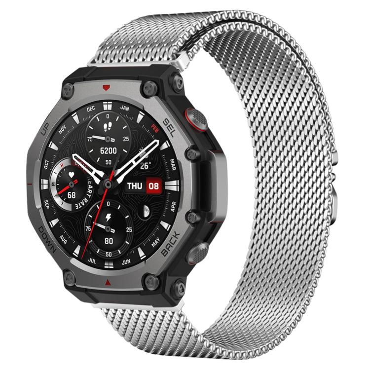 Silver Milanese stainless steel watch band with parachute buckle on a rugged smartwatch