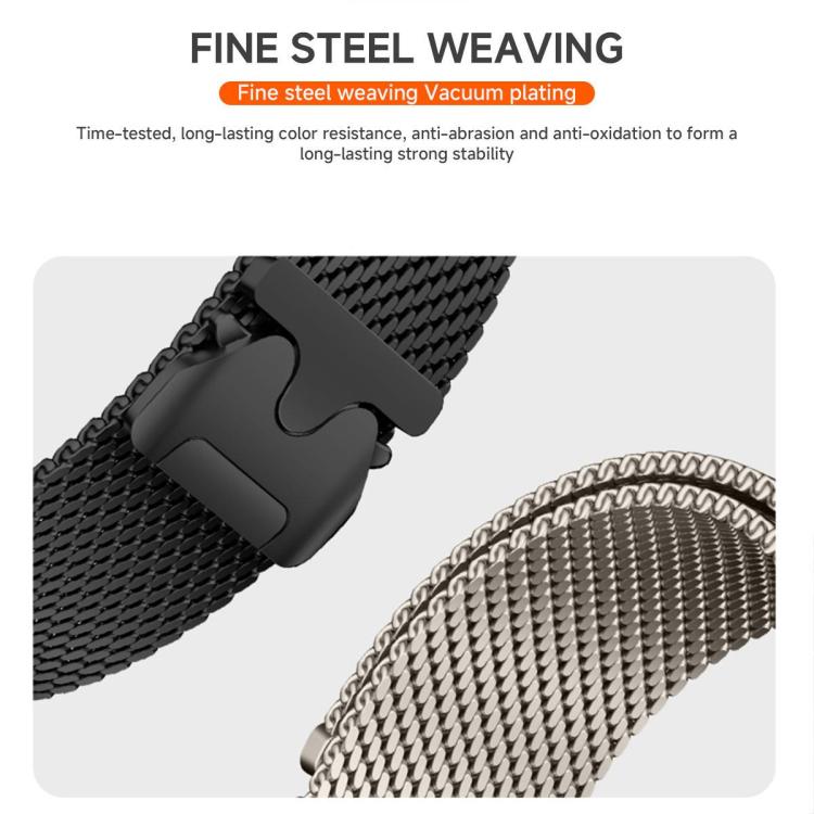 Close-up of black and silver Milanese steel watch bands and magnetic buckles