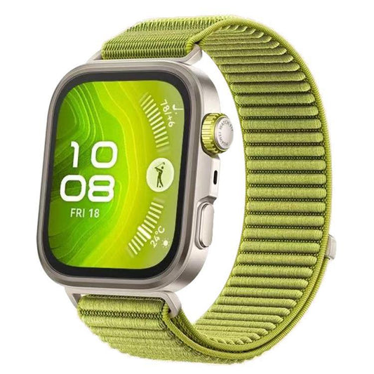 Woven nylon watch band in bright green with a silver smartwatch