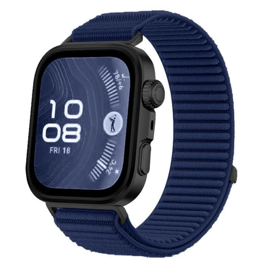 Woven nylon watch band in navy blue with a black smartwatch