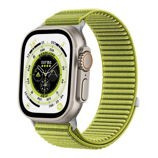 Lime green woven nylon hook-and-loop Apple Watch band shown attached to a watch
