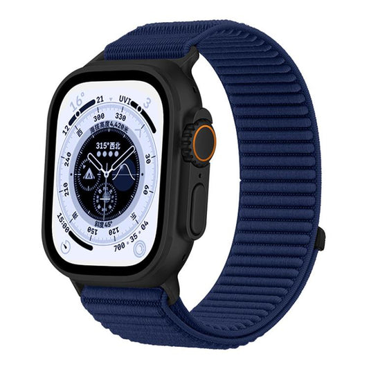 Navy woven nylon hook-and-loop Apple Watch band with watch