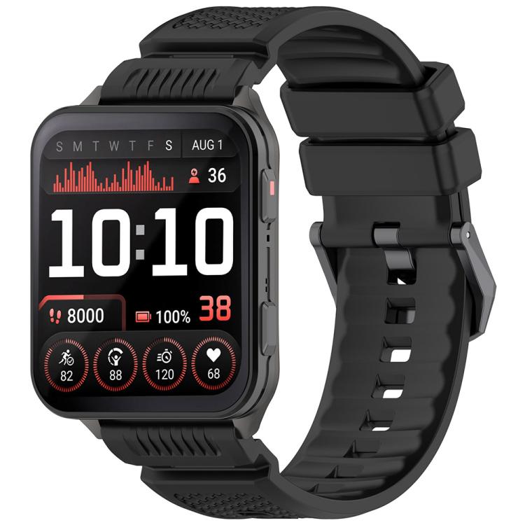 xDfind Armor black silicone watch band with a rectangular smartwatch and perforated strap