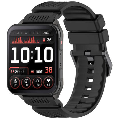 xDfind Armor black silicone watch band with a rectangular smartwatch and perforated strap