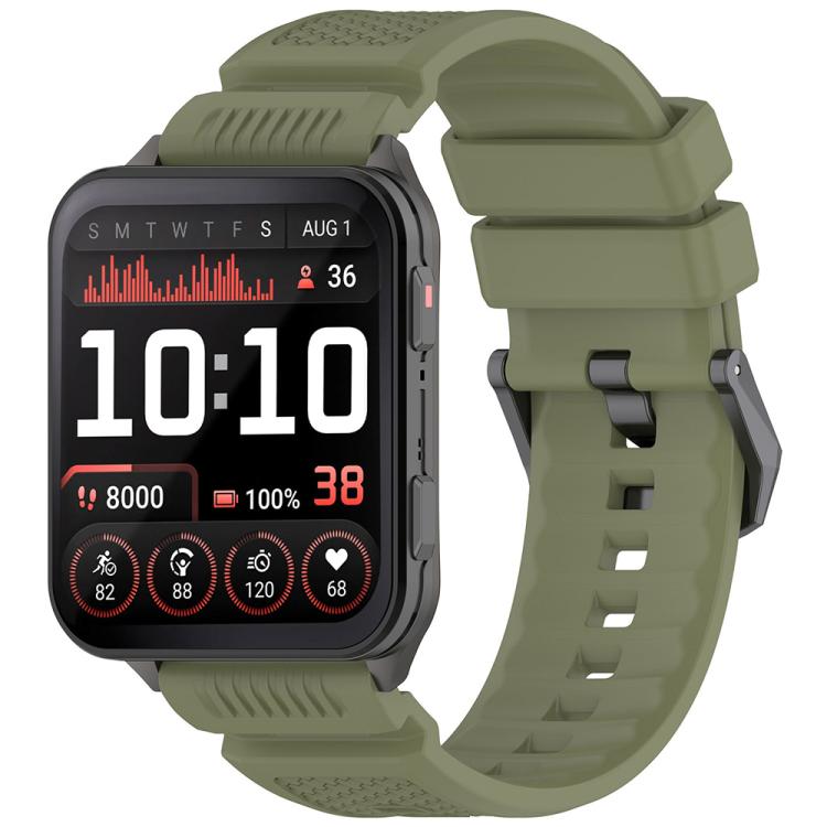 Olive green silicone watch band with a rectangular smartwatch and perforated strap