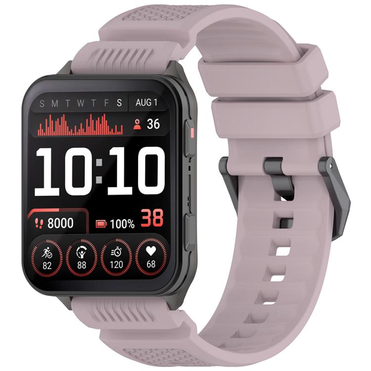 Lavender silicone watch band with a rectangular smartwatch and perforated strap