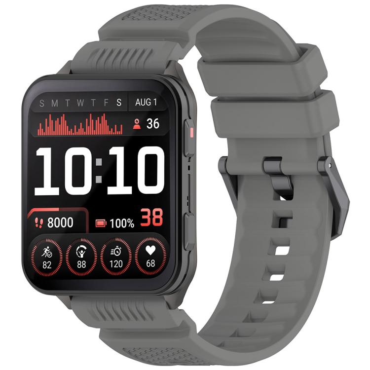 Dark gray silicone watch band with a rectangular smartwatch and perforated strap