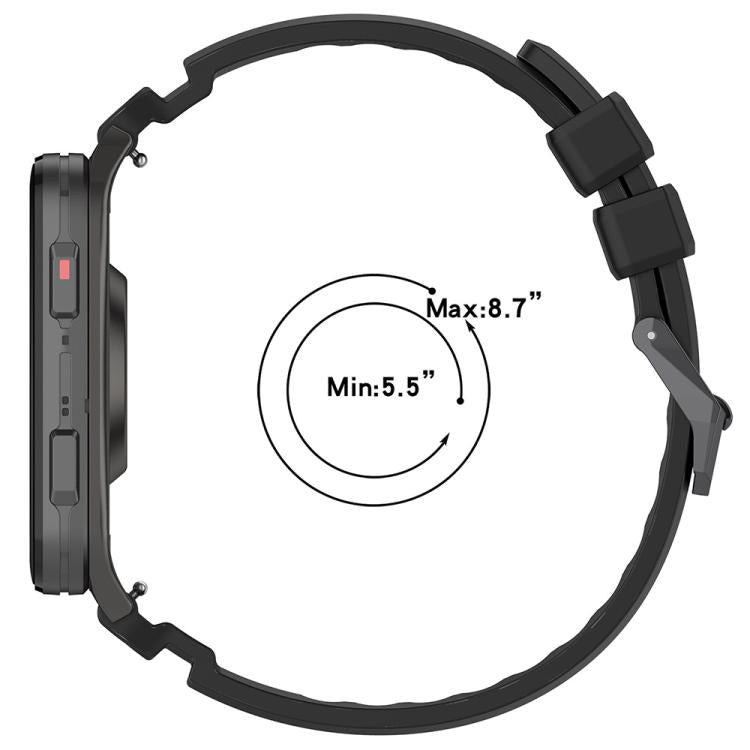 Black silicone watch band shown with a 5.5 to 8.7 inch wrist fit range