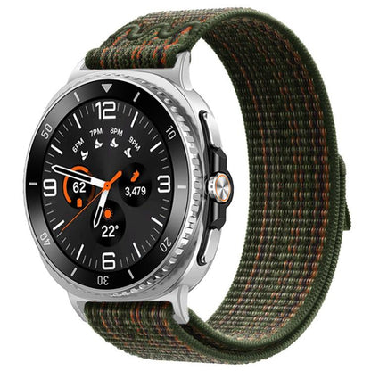 Nylon hook-and-loop watch band in dark green with orange flecks, shown on a silver watch.
