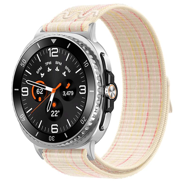 Nylon hook-and-loop watch band in cream with pink stripes, shown on a silver watch.