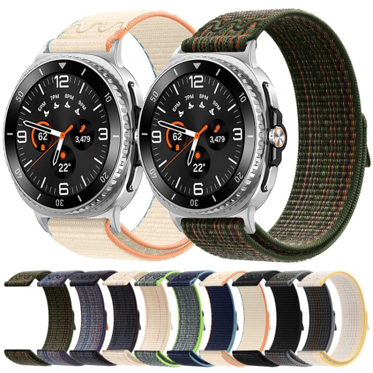 Nylon hook-and-loop watch bands in multiple colors, shown on Galaxy watches and in a color lineup