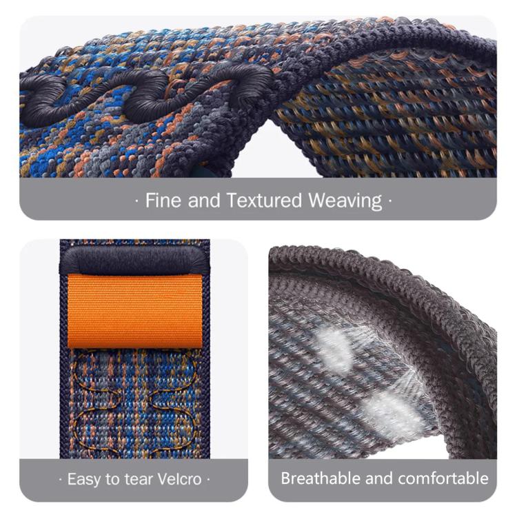 Multicolor nylon watch band close-ups showing woven texture, orange hook-and-loop closure, and breathable weave