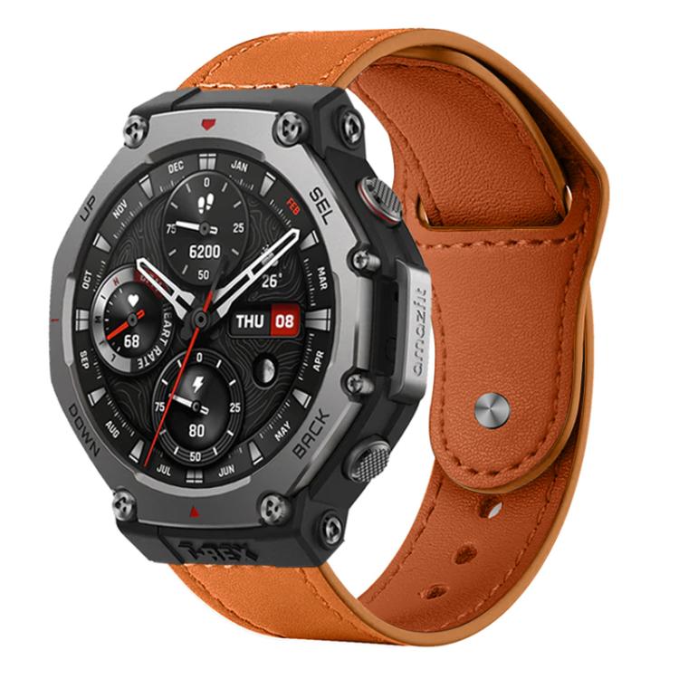xDfind orange-brown leather watch band on a rugged smartwatch, with rivet buckle
