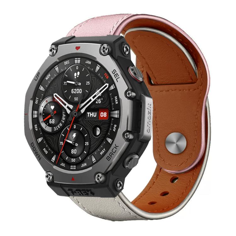Genuine leather watch band with pink outer leather, brown lining and metal buckle