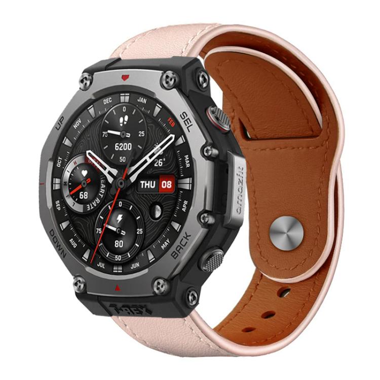 Pale pink leather watch band with brown lining and a silver-tone buckle