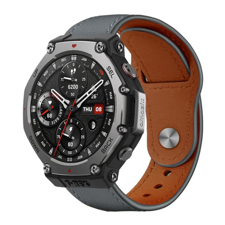 xDfind gray leather watch band with brown lining and a metal rivet