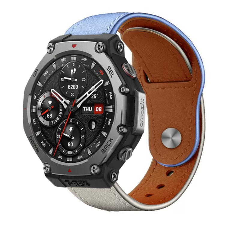 xDfind leather watch band on a rugged smartwatch, with light blue outer edge and brown lining