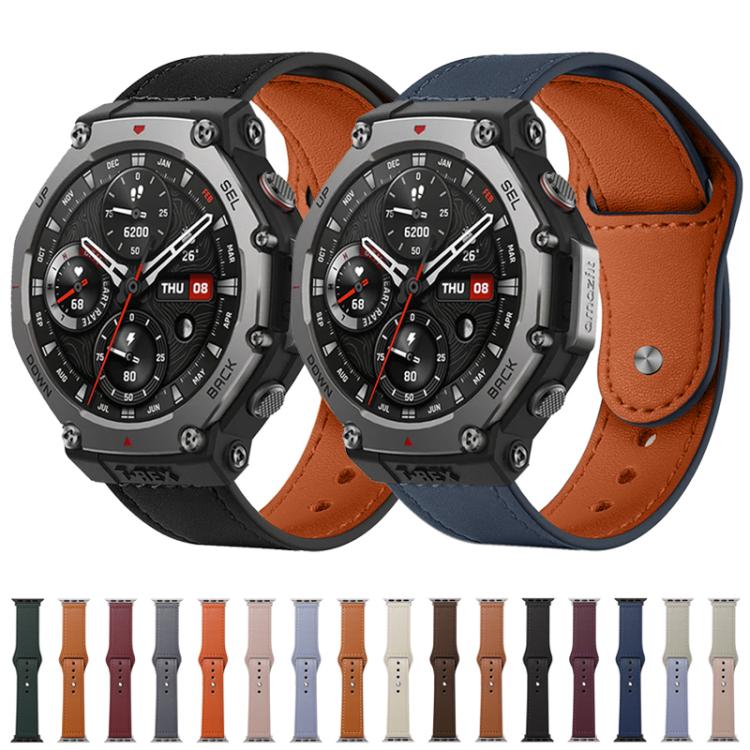 xDfind leather watch bands on two rugged smartwatches in black and dark blue