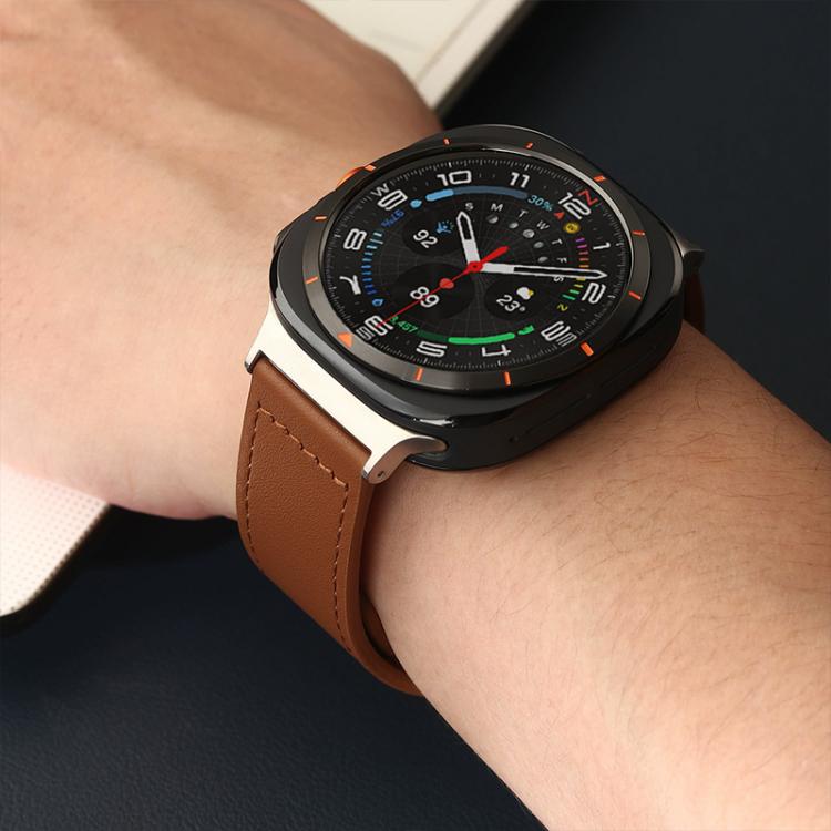 xDfind brown leather watch band worn on a wrist with a round smartwatch