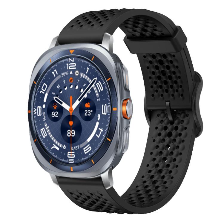 Black perforated silicone watch band with buckle, shown attached to a smartwatch
