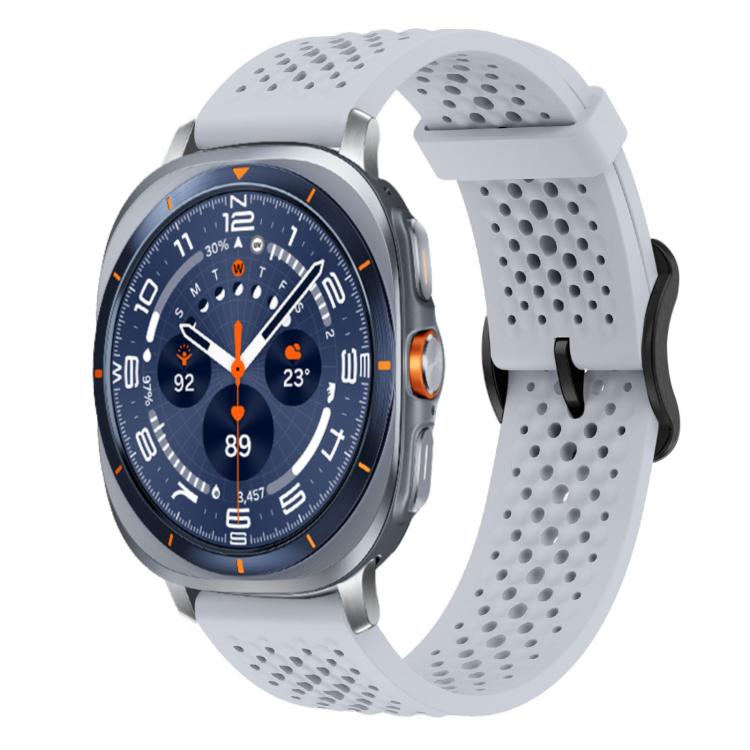 Light gray perforated silicone watch band with buckle, shown attached to a smartwatch
