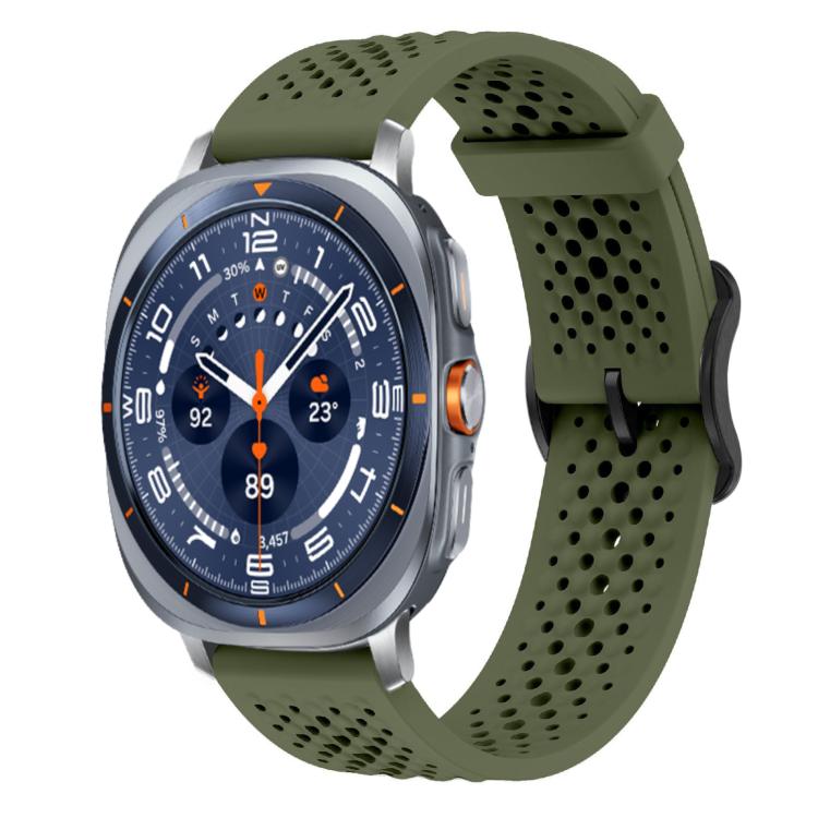 Army green perforated silicone watch band with buckle, shown attached to a smartwatch