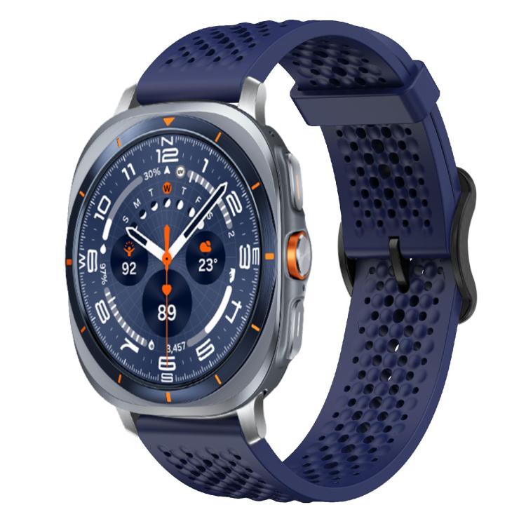 Midnight blue perforated silicone watch band with buckle, shown attached to a smartwatch