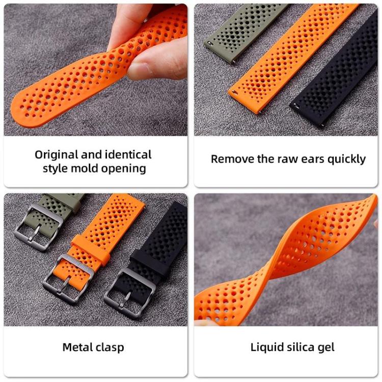 Orange perforated silicone watch band shown bending, with metal buckle and smooth edges