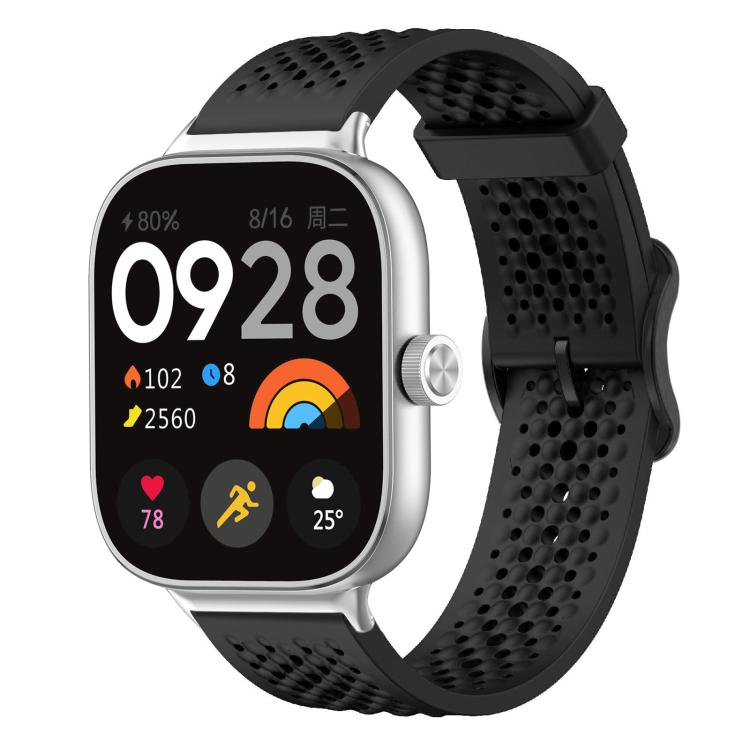 Black perforated silicone watch band with matching buckle attached to a smartwatch