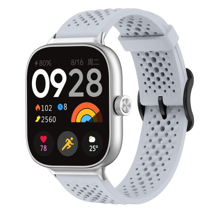 Light gray perforated silicone watch band with silver smartwatch