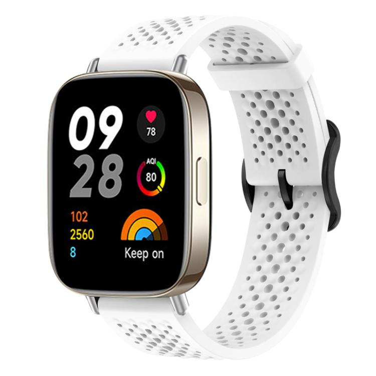 White perforated silicone smartwatch band shown fitted to a rectangular smartwatch
