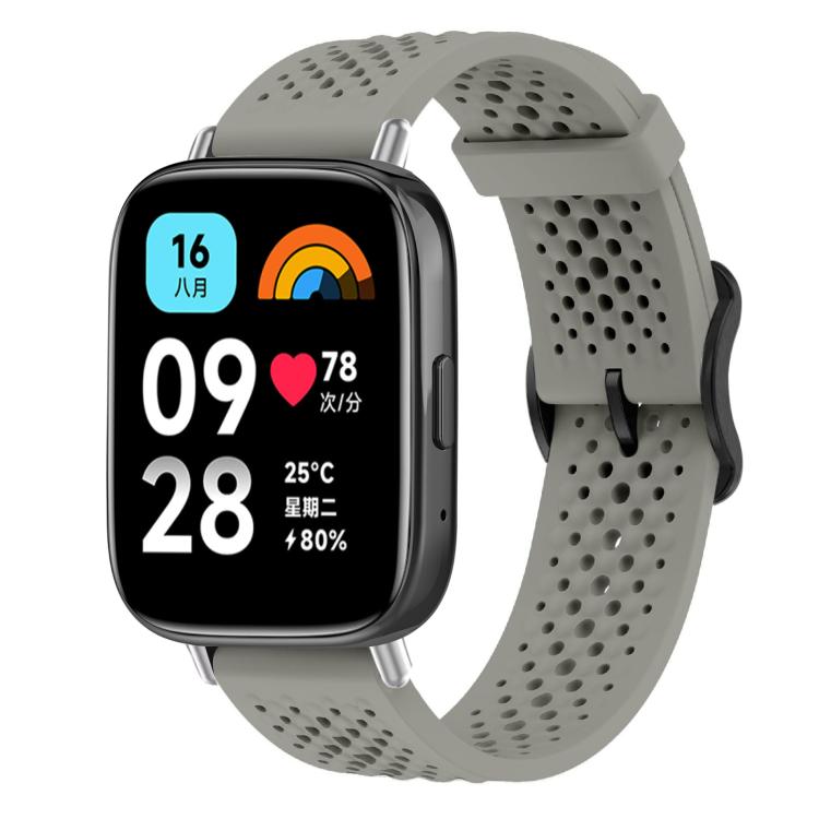 Gray perforated silicone smartwatch band shown fitted to a rectangular smartwatch