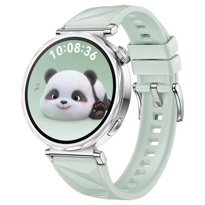 xDfind pale mint silicone watch band with faceted texture and silver buckle, shown on a watch