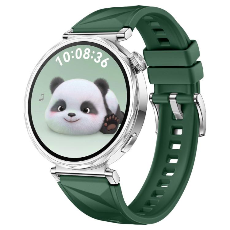Dark green xDfind silicone watch band with faceted texture and silver buckle, shown on a watch
