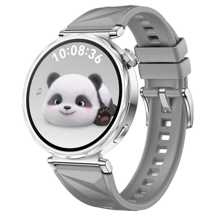 Gray xDfind silicone watch band with faceted texture and silver buckle, shown on a watch