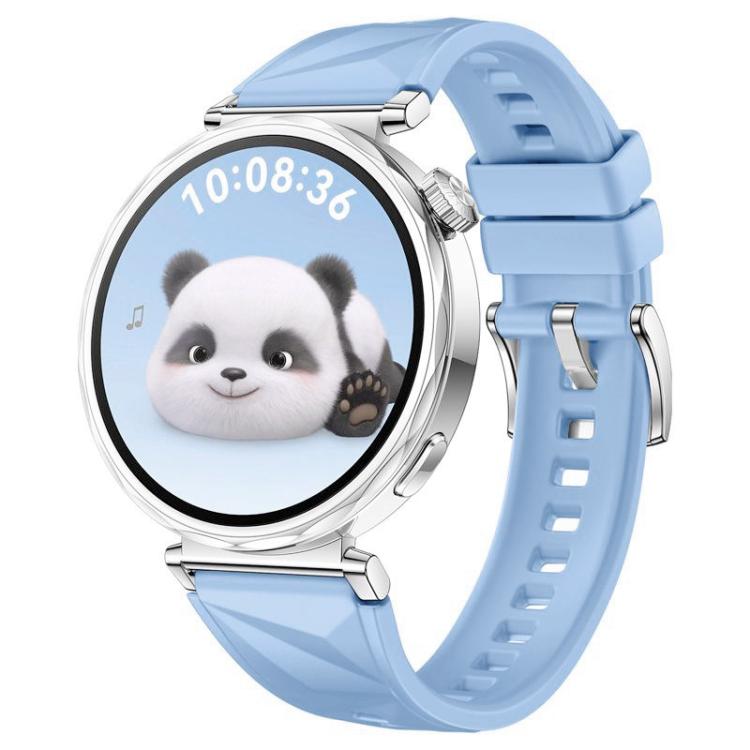 Light blue xDfind silicone watch band with faceted texture and silver buckle, shown on a watch