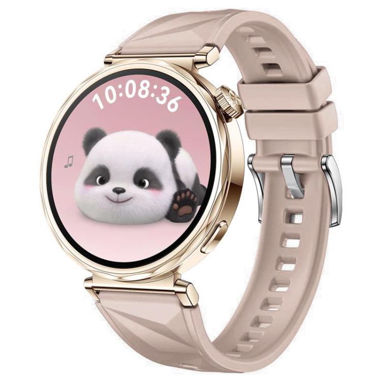 Pink xDfind silicone watch band with faceted texture and silver buckle, shown on a watch