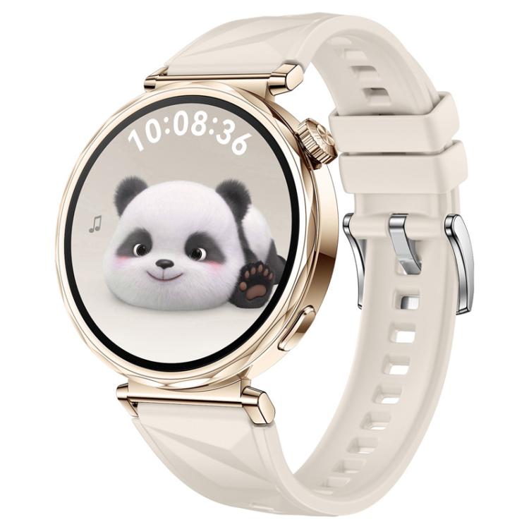 Ivory xDfind silicone watch band with faceted texture and silver buckle, shown on a watch