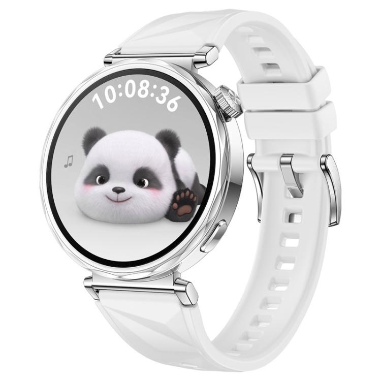 White silicone watch band with faceted texture, buckle closure, and smartwatch attached