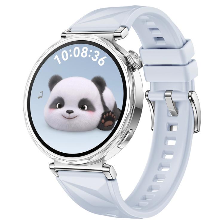 Pale blue silicone watch band with faceted texture, buckle closure, and smartwatch attached