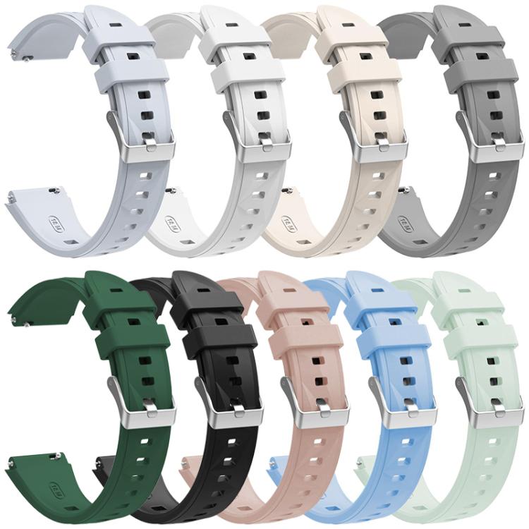 Silicone watch bands in ten colors with faceted texture, adjustment holes, and metal buckles