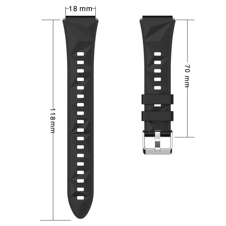 Black silicone watch band shown in two parts, with faceted texture, sizing holes, and measurements