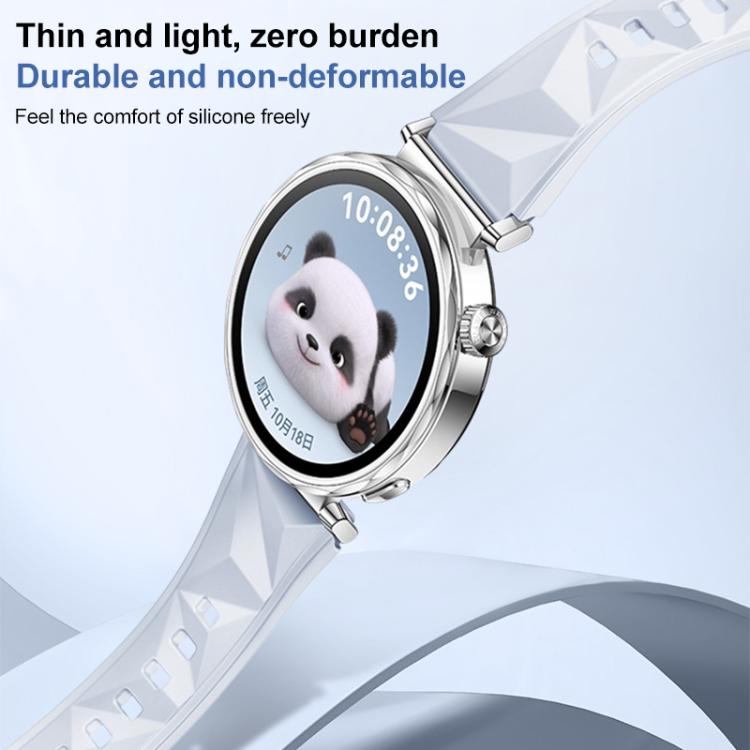 Pale blue faceted silicone watch band attached to a silver smartwatch