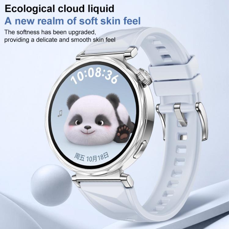 Pale blue silicone watch band with faceted texture and metal buckle on a smartwatch