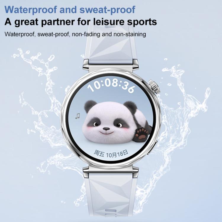 Pale blue faceted silicone watch band on a smartwatch, shown with water splashes